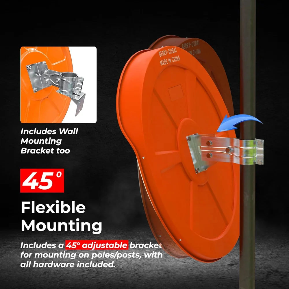 orange wide angle convex mirror for driveway entrances and exits