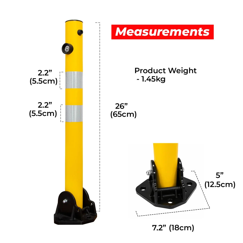 yellow fold down parking bollard with reflective safety markings