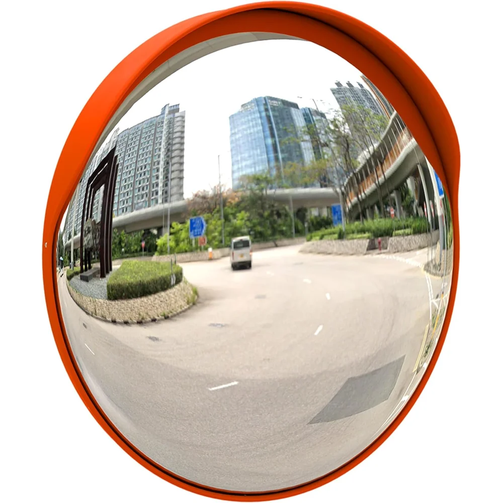 orange outdoor convex mirror for roadside safety and wide angle visibility