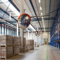 orange convex mirror for parking lot traffic guidance and vehicle safety