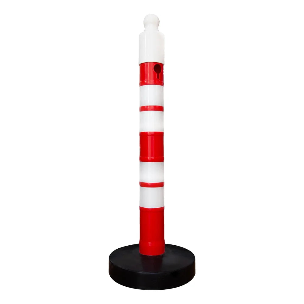 one hundred twenty centimeter red reflective delineator post with sand weighted base, sign socket and chain connection