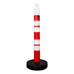 one hundred twenty centimeter red reflective delineator post with sand weighted base, sign socket and chain connection