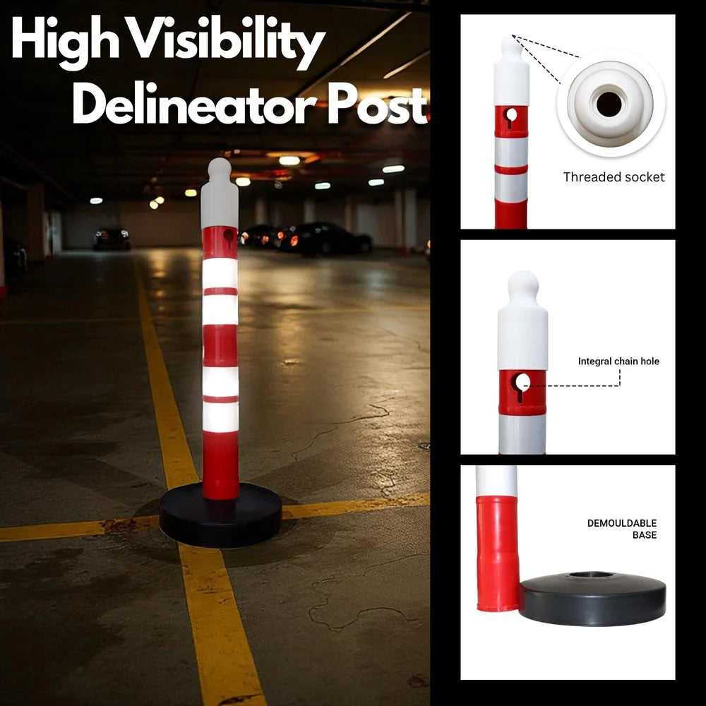 one hundred twenty centimeter red road safety delineator post with sign socket and reflective bands