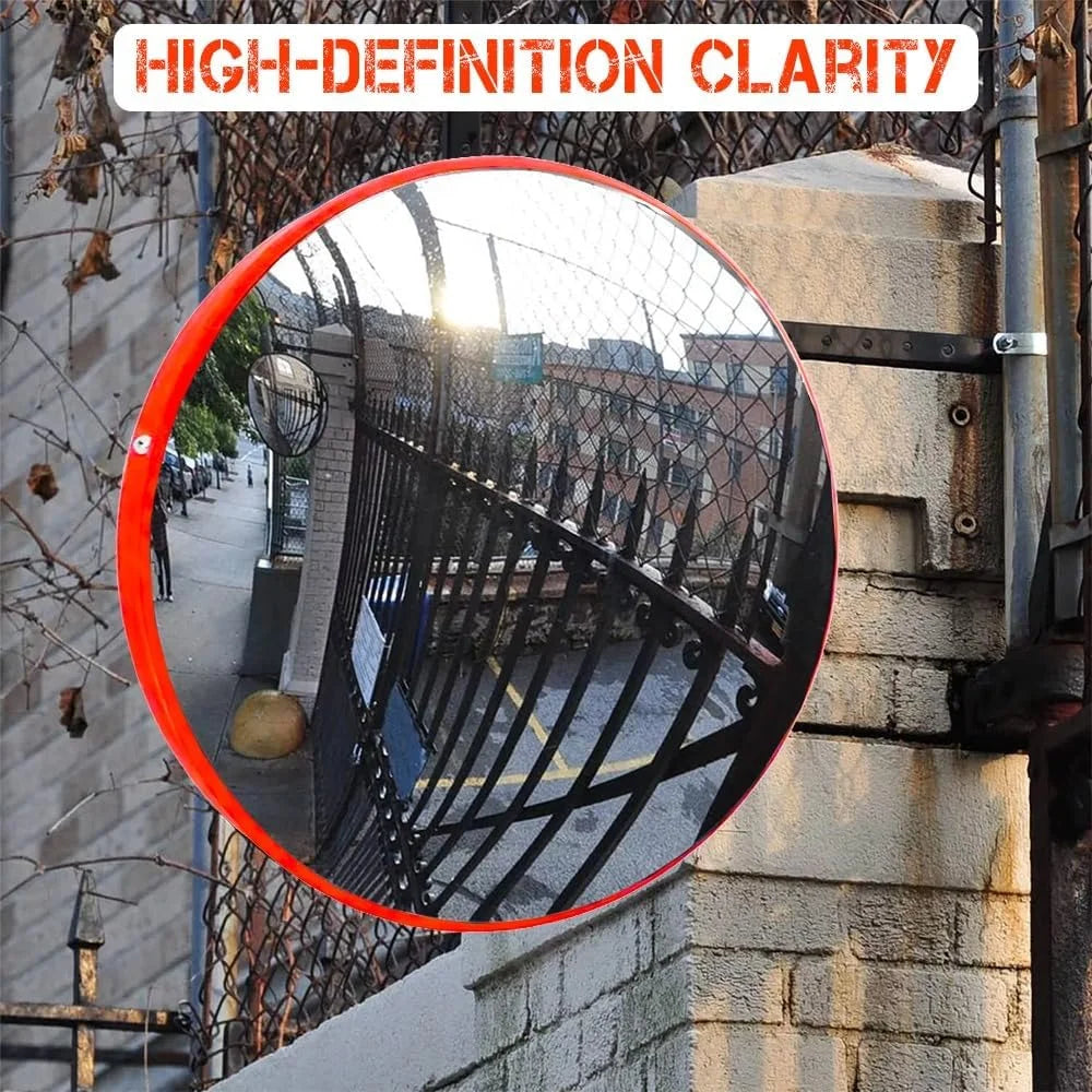 orange convex mirror for warehouse safety and traffic awareness