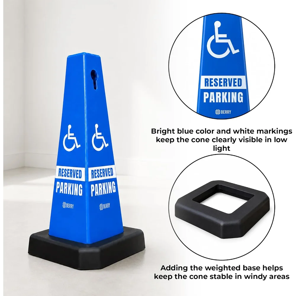 blue accessible parking cone with weighted base for reserved parking spaces