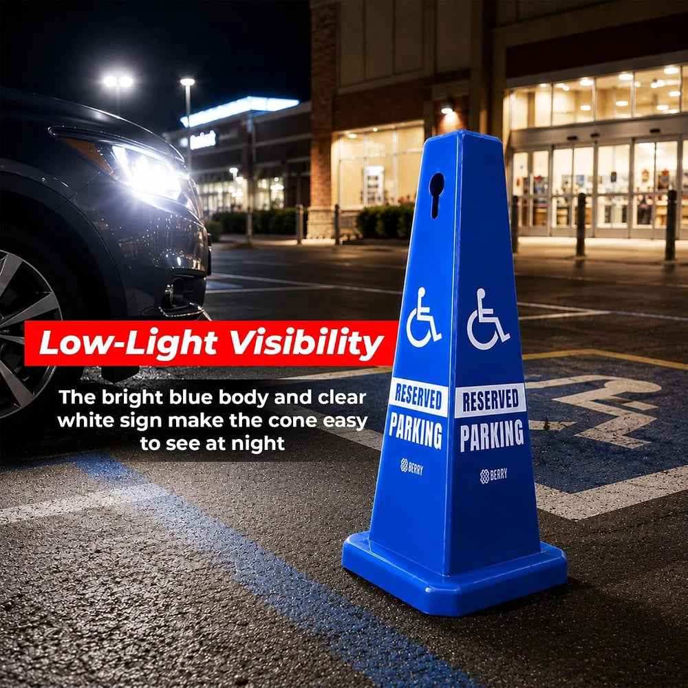blue accessible parking cone for designated parking areas
