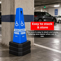 blue accessible parking marker with weighted base for designated parking areas