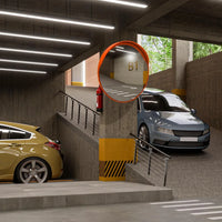 orange convex safety mirror for gate exits and vehicle awareness