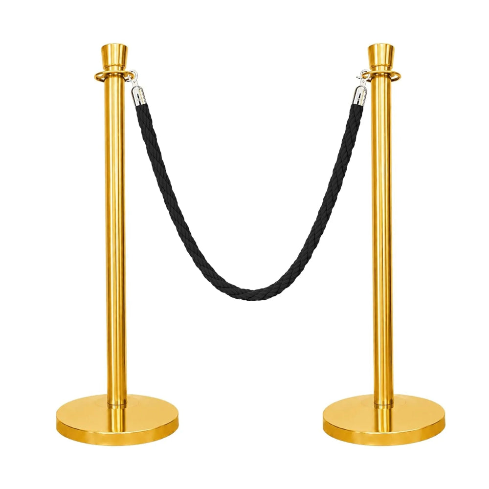 Gold Crowd Control Stanchions 100cm with 1.5m Black Twisted Rope, Luxury Queue Barrier Posts for Hotels, Events, Airports & VIP Areas