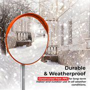 orange convex mirror for outdoor parking area safety and visibility