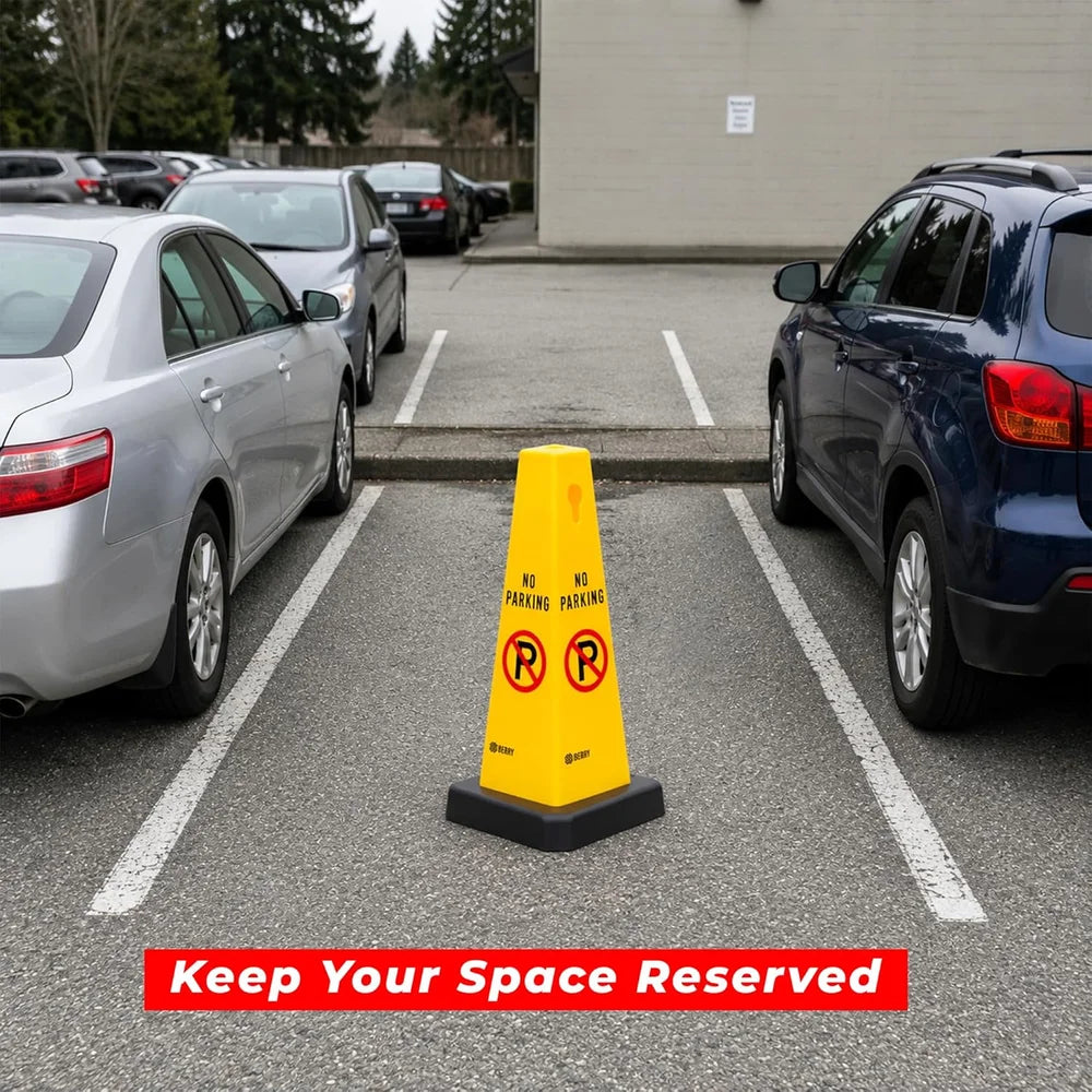 yellow parking restriction cone with weighted base for traffic management