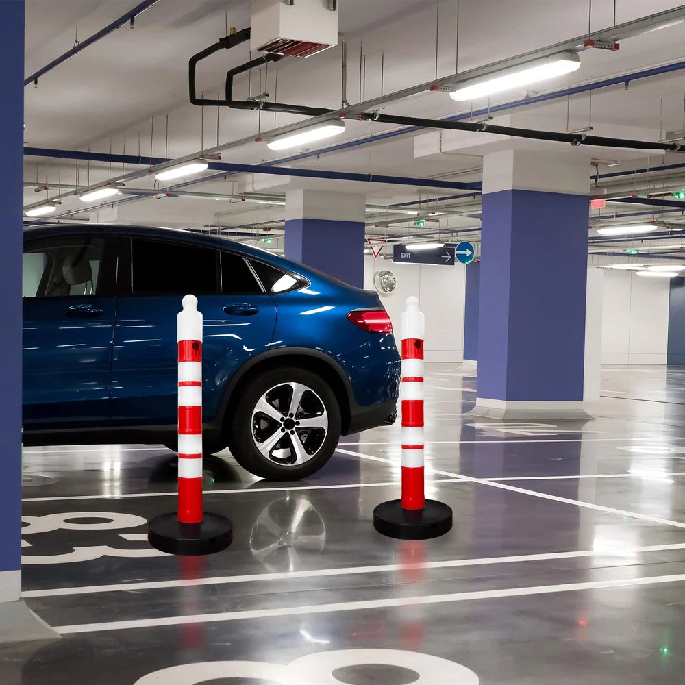 one hundred twenty centimeter red reflective parking control post with chain attachment points
