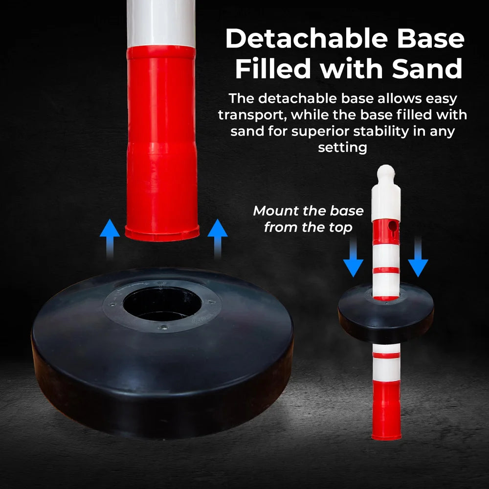 one hundred twenty centimeter red traffic delineator post with chain connection for crowd and traffic control