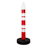 one hundred twenty centimeter red reflective delineator post with sand weighted base, sign socket and chain connection