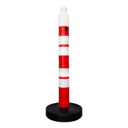 one hundred twenty centimeter red reflective delineator post with sand weighted base, sign socket and chain connection