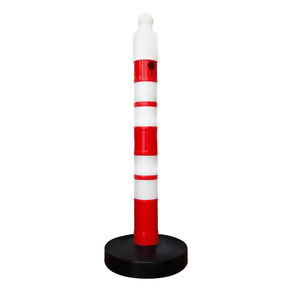 one hundred twenty centimeter red reflective delineator post with sand weighted base, sign socket and chain connection