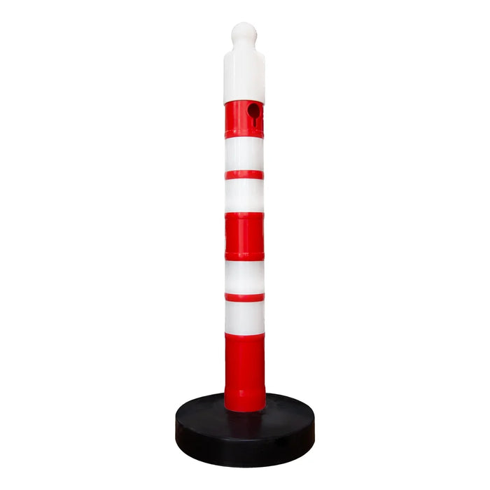 one hundred twenty centimeter red reflective delineator post with sand weighted base, sign socket and chain connection