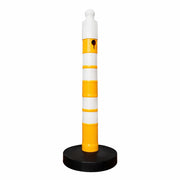 one hundred twenty centimeter red reflective delineator post with sand weighted base, sign socket and chain connection